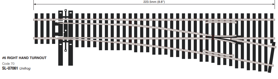 Peco SL-U7061 Code 70, No.6 Turnout Right Hand, Uniofrog