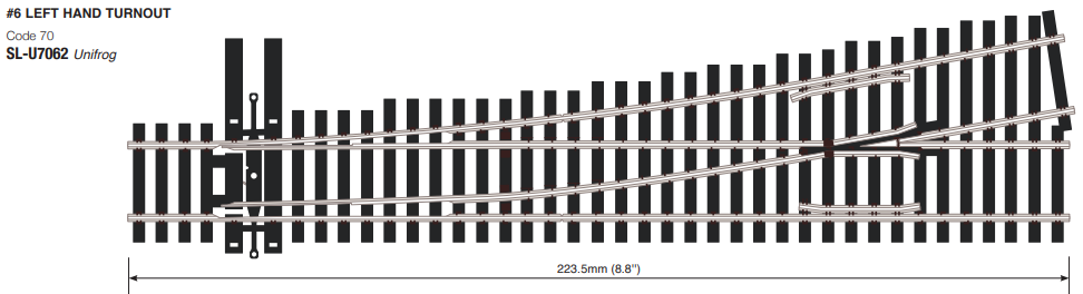 Peco SL-U7062 Code 70, No.6 Turnout Left Hand, Uniofrog