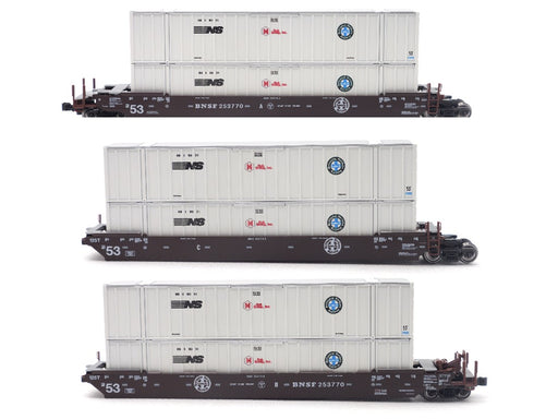 kato 106-6185 MAXI-IV Well Wagons - BNSF Old Logo 3-Car Set with 6 HUB Containers