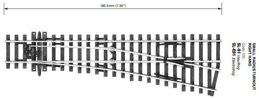 Peco SL-E91 Turnout, Small Radius, Right Hand