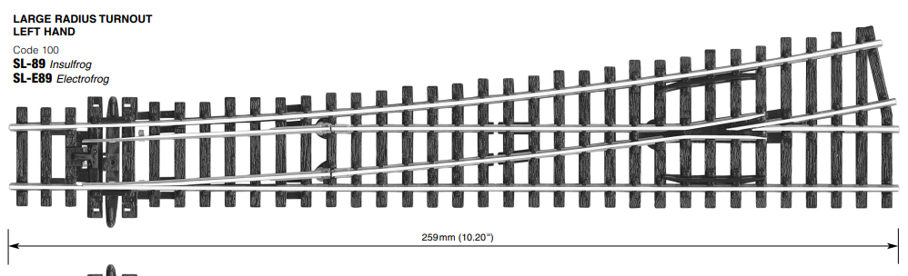 Peco SL-E89 Turnout, Large Radius, Left Hand