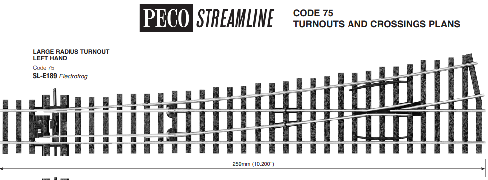 Peco SL-E189 Turnout, Large Radius, Left Hand