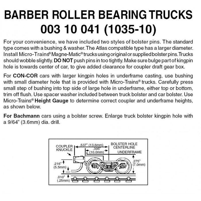 MICRO-TRAINS 003 10 041 (1035-10) Barber Roller Bearing Trucks - Short extension couplers (10 pairs)